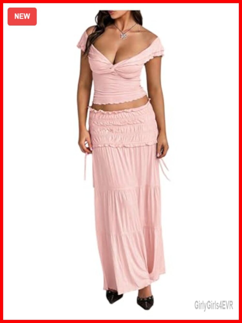 2 Piece Skirt Set Cap Sleeve Off Shoulder Crop Top Ruffle Maxi Skirt